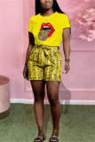 Yellow Fashion Casual Printed T-shirt Shorts Set