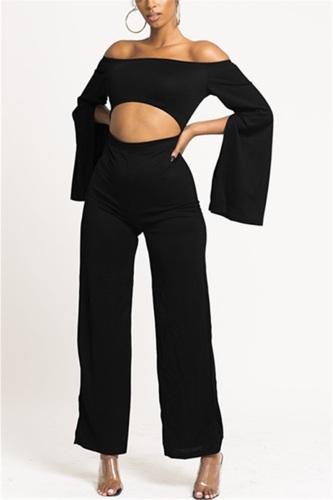Black Fashion Solid Color Long Sleeve Umbilical One-Shoulder Jumpsuit