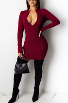 Wine Red OL Cap Sleeve Long Sleeves O neck Step Skirt skirt Solid chain