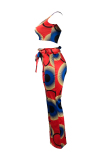 Red Sexy Print Boot Cut Sleeveless Two-piece Pants Set