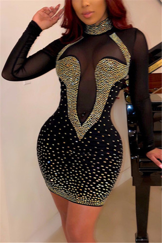 Black Fashion Sexy Diamond Mesh Perspective Dress