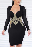 Black Sexy Fashion adult Cap Sleeve Long Sleeves V Neck Step Skirt Knee-Length Patchwork Embroid