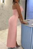 Pink Sexy Solid Patchwork Feathers Backless Slit Spaghetti Strap Long Dress