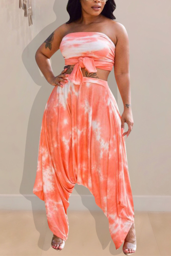 Orange Sexy Fashion crop top Slim fit Two Piece Suits asymmetrical Tie Dye Regular Sleeveless Tw