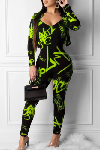 Fluorescent green Casual Two Piece Suits Print Straight Long Sleeve