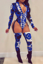 Royal blue Long Sleeve Print Patchwork Skinny shorts