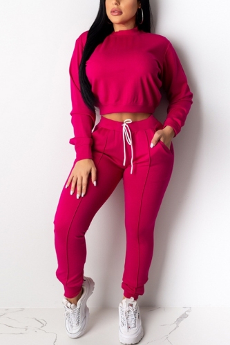 rose red Casual Fashion adult Bandage Two Piece Suits Solid Straight Long Sleeve Two-piece Pants S