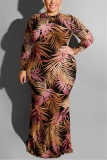 Wine Red Large Size Tight Sexy Leaf Print Dress