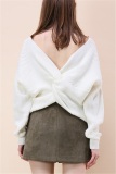 White Fashion Halter V-Neck Knotted Sweater