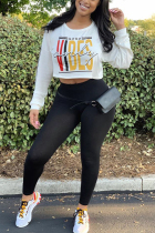 White O Neck Long Sleeve Letter crop top Print Tees & T-shirts