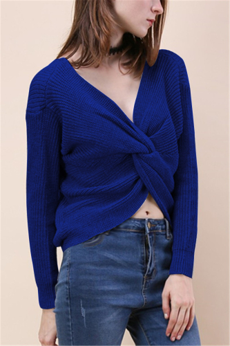 Blue Fashion Halter V-Neck Knotted Sweater