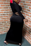 Black Sexy Cap Sleeve Long Sleeves Mandarin Collar Step Skirt Ankle-Length Solid
