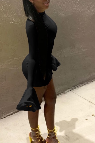 Black Nightclub Sexy Trumpet Sleeve Solid Color Dress