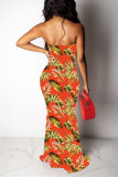 rose red Fashion Sexy Off The Shoulder Sleeveless Wrapped chest Asymmetrical Floor-Length Patchwork
