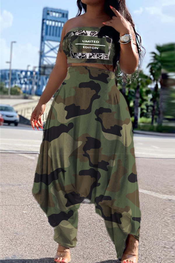 Army Green Fashion Camouflage Print Two Pieces