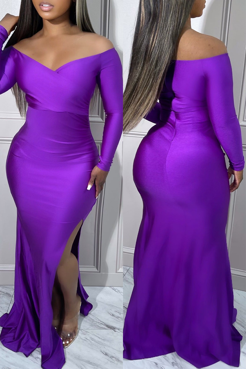 Purple Sexy Elegant Solid Slit Off the Shoulder Evening Dress Dresses ...