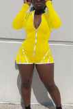 Yellow Fashion Sexy Solid zipper Patchwork Ribbon Long Sleeve O Neck Rompers
