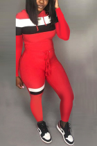 Red Autumn And Winter Stripes Stitching Casual Sports Suit