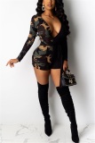 Blue Fashion Sexy Camouflage Patchwork Print Long Sleeve V Neck