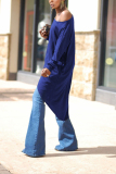 Royal blue adult Casual Fashion Cap Sleeve Long Sleeves O neck Asymmetrical Mid-Calf asymmetrical hol