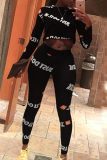 Black Casual Letters Printed Two-piece Pants Set