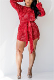 Red Acetyl fiber Casual Cap Sleeve Long Sleeves O neck Step Skirt Knee-Length bandage Sequin Solid Patch