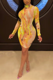 Yellow Fashion Sexy Cap Sleeve Long Sleeves O neck Hip skirt Knee-Length Print Patchwork