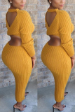 Yellow Sexy Solid Color Long Sleeves Slim Backless Dress