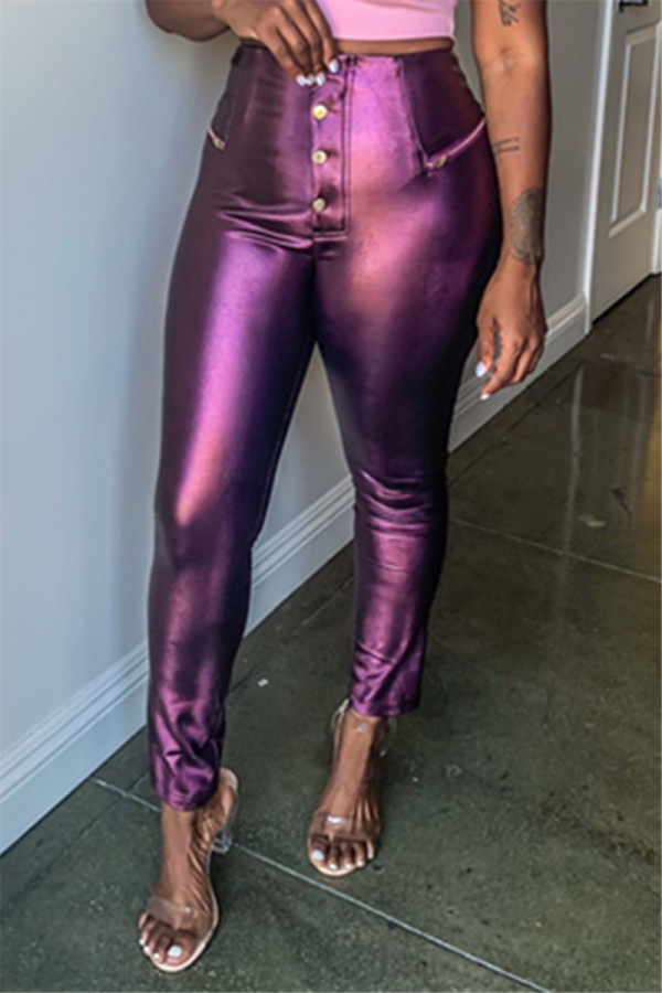 Purple Fashion Sexy Solid Color PU Trousers