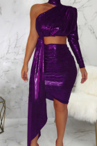 purple Fashion adult Sexy Two Piece Suits Solid Hot stamping Patchwork Long Sleeve Two-Piece Dre