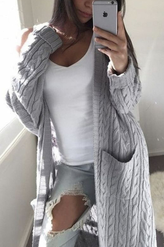 Light Gray Fashion Casual Loose Solid Rib Sweater