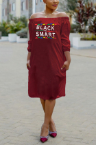 Wine Red adult Casual Fashion Off The Shoulder Half Sleeves One word collar Step Skirt Knee-Length