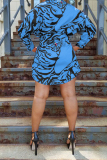 Blue Spandex Street Shirt sleeves Long Sleeves Notched Step Skirt Knee-Length Print Long Sleeve Dresses