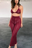 Wine Red Sexy Fashion HOLLOWED OUT Solid crop top Bandage Slim fit Two Piece Suits asymmetrical Str