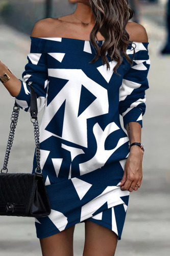 Blue Casual Print Patchwork Off the Shoulder Straight Dresses