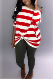 Red pastoral One Shoulder Long Sleeves one shoulder collar Step Skirt Knee-Length Print Stripe