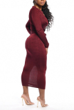 Wine Red Street Fashion adult Cap Sleeve Long Sleeves O neck Pencil Dress Mid-Calf Solid bandage Pa