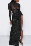 Black Sexy perspective Mesh Geometric Two Piece Suits A-line skirt Long Sleeve