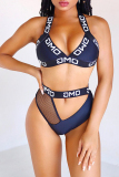 Deep Blue Sexy Hollowed-out Printed Two-piece Swimwears