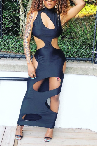 Black Fashion adult Sexy Tank Sleeveless Turtleneck Step Skirt Mid-Calf Solid Print hollow out
