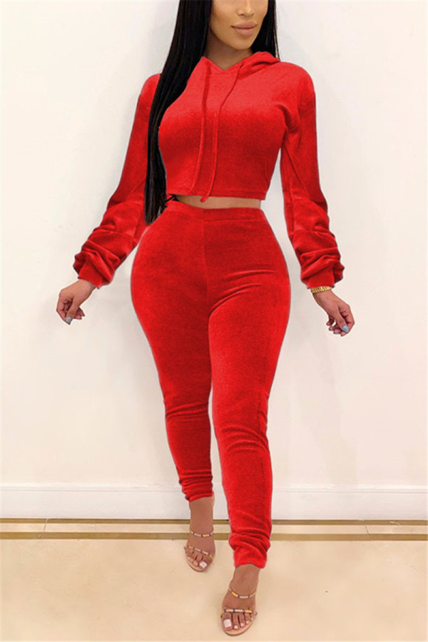 Red Fashion Sexy Solid Color Hooded Long Sleeve Two Piece Set