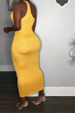 Yellow Fashion Sexy adult One Shoulder Sleeveless one shoulder collar Step Skirt Mid-Calf Striped