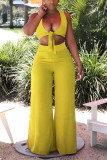Yellow Sexy Fashion Solid asymmetrical Two Piece Suits Bandage crop top Straight