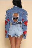 Light Blue Fashion Sexy Embroidered Long-Sleeved Denim Jacket