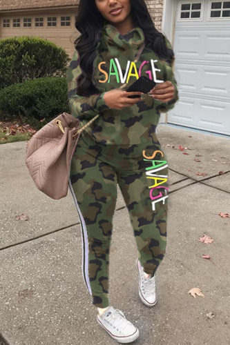 Camouflage Fashion Sports Hooded Long Sleeve Two Piece Suit