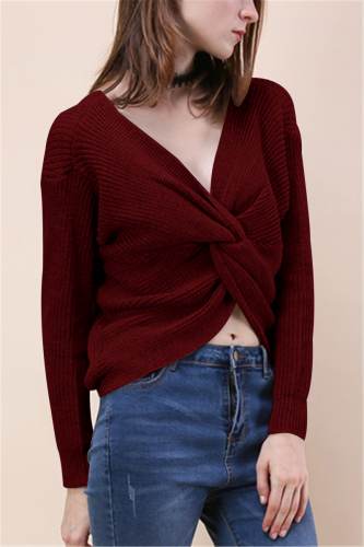 Wine Red Fashion Halter V-Neck Knotted Sweater