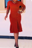 Red Fashion Slim V-neck Ruffled Dress