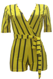 Yellow Casual Striped Twilled Satin One-piece Rompers