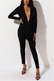 Black Sexy asymmetrical Solid Two Piece Suits ruffle Patchwork pencil Long Sleeve Two-piece Pan
