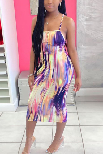 Purple Sexy Backless Printed Sling Fitted Dress
